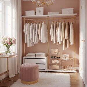 Blush Pink Minimal Open Closet with Gold Accents