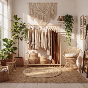 Cozy Boho-Inspired Open Closet with Natural Elements