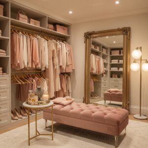 Girly Glam Closet with Statement Mirror and Seating Area