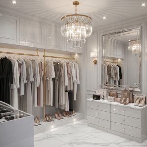 Glam Open Closet with Marble and Gold Finishes