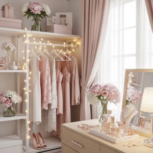 Soft Feminine Closet with Fairy Lights and Floral Touches