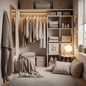 Small Space Corner Open Closet with Cozy Textures